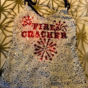 NWT TANK TOP white and red sequence works say fire cracker in red sequences